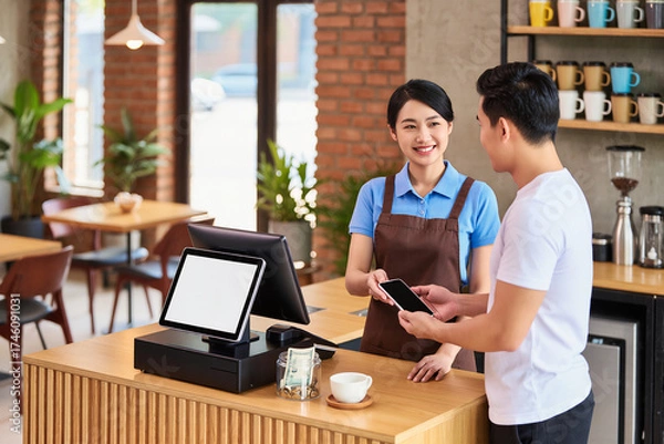 Obraz 8K ultra-realistic photo of coffee shop cashier taking payment from customer with modern POS system on counter and cozy café background, sharp details