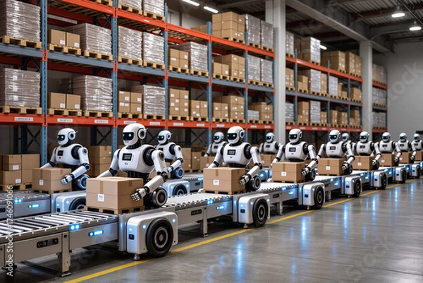 Obraz 8K ultra-realistic photo of automated robots moving packages inside e-commerce warehouse with shelves full of boxes and industrial lighting