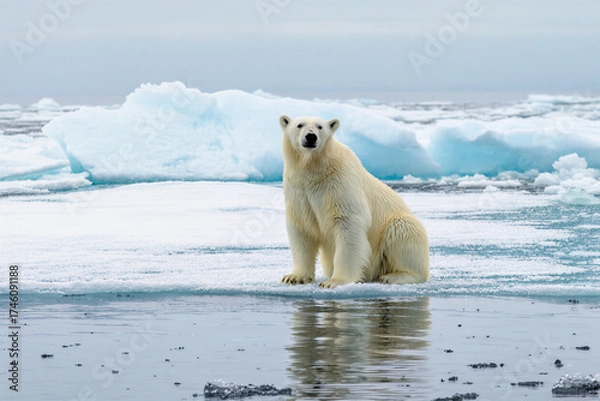 Obraz 8K ultra-realistic photo of polar bear standing on floating ice with sharp icy textures and cold atmospheric light