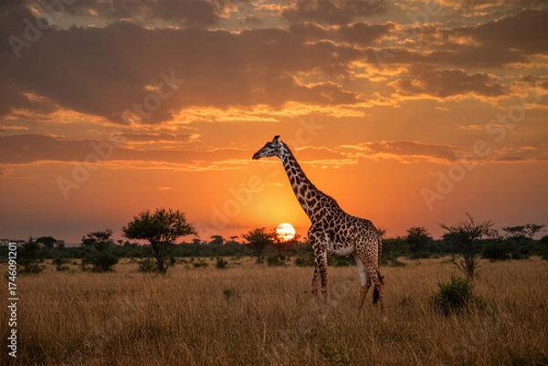 Obraz 8K ultra-realistic wide photo of giraffe standing in savanna at sunset with sharp textures and dramatic orange sky