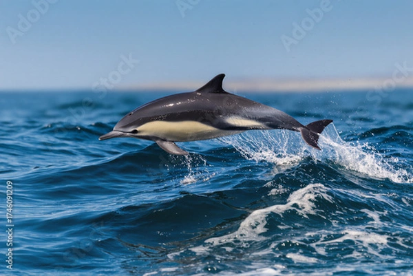 Obraz 8K ultra-realistic photo of dolphin leaping out of ocean waves with sharp water splashes and bright daylight