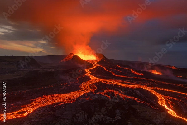 Obraz 8K ultra-realistic wide photo of volcano erupting with lava flow, sharp molten textures, dramatic fiery sky