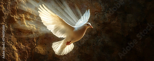 Obraz Serene winged dove soaring gracefully across empty sky, sacred emblem of Christian spirituality, purity, freedom, and heavenly love with copy space for inspirational message.