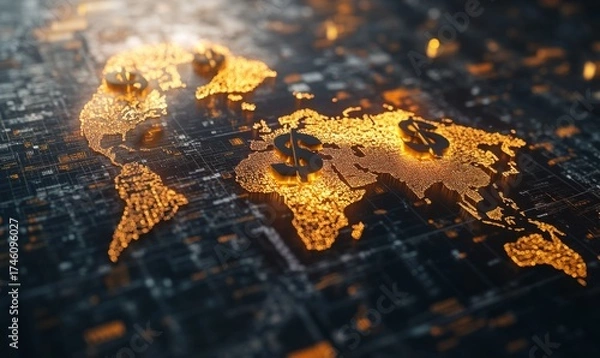 Fototapeta Global finance concept with floating dollar, euro, and yen symbols over a world map, 3D illustration