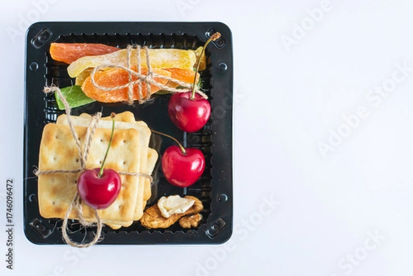 Fototapeta black tray holds an appealing selection snacks. there are three bright red cherries, crunchy crackers, dried fruits, and nuts, all tied together with twine. close up.