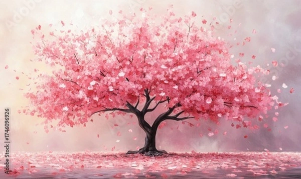 Fototapeta Watercolor cherry blossom tree in full bloom, with soft pink petals, vibrant and gentle, 3D illustration