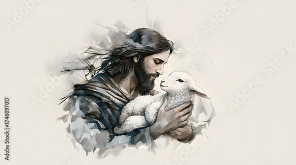 Fototapeta Tranquil digital artwork of Jesus embracing a gentle lamb under a warm glow, painted in soft earth tones that evoke peace, purity, and divine tenderness.
