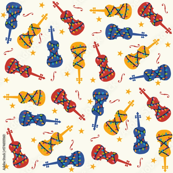 Fototapeta Colorful violin,viola,cello seamless pattern design. Instrument orchestra string fiddle music background.Design for happy holiday decorate,festival,new year, Christmas,party,celebration 