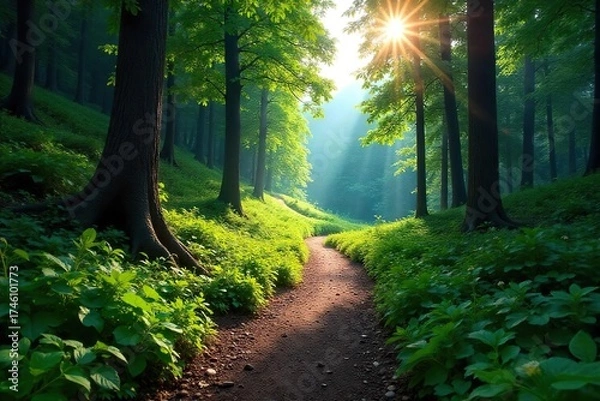 Fototapeta Winding Mountain Hiking Trail Disappearing into Lush Forest Sunlight Dappling Path An Adventurous Nature Escape