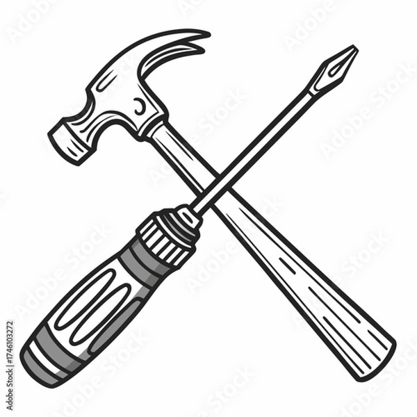 Fototapeta Stylized illustration of a claw hammer and a screwdriver crossed over a white background