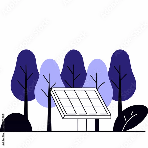 Fototapeta Stylized illustration of a solar panel in a forest setting with purple and blue trees and foliage