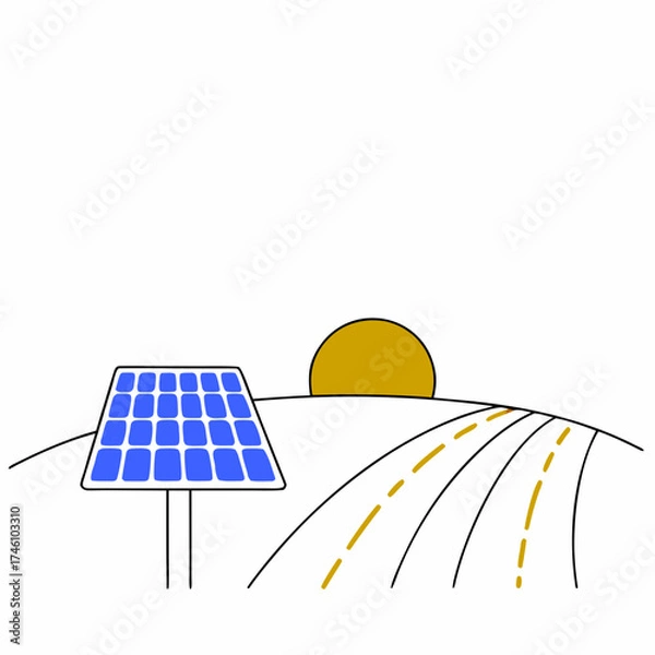 Fototapeta Stylized illustration of a solar panel in a rural landscape at sunset with a winding road