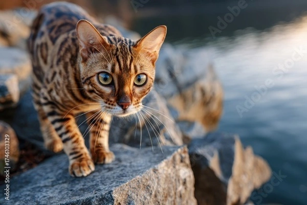 Fototapeta Bengal Cat Exploring Rocky Terrain Near Water