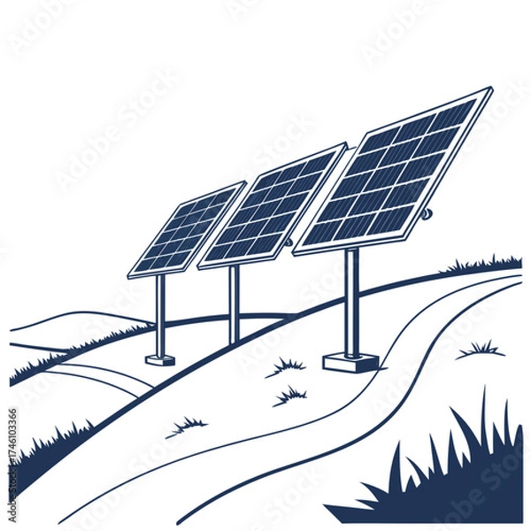 Fototapeta Three solar panels stand on a grassy hill with a winding path leading towards them on a clear day