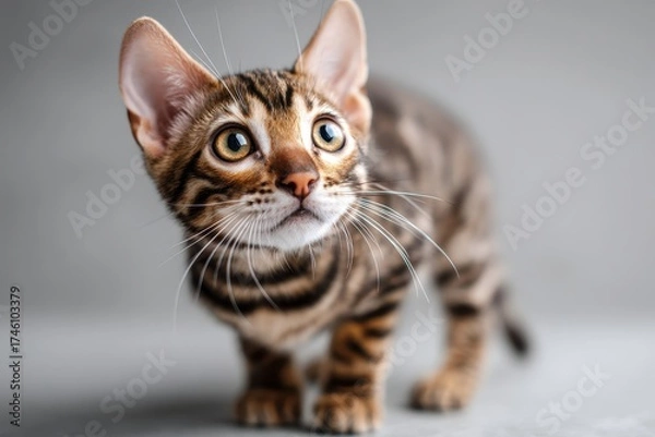 Fototapeta An alert young Bengal kitten with large ears and expressive eyes gazes upwards against a grey studio background