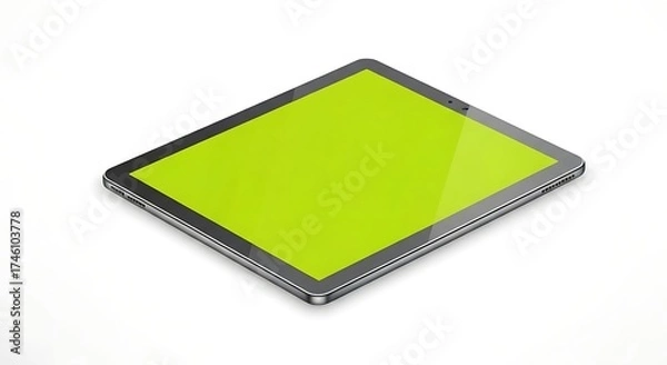 Fototapeta Isometric view of a modern tablet device with a bright green screen, isolated on white.