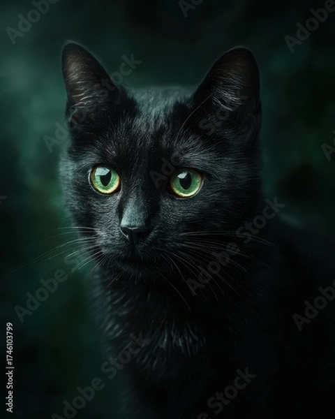 Fototapeta Elegant Portrait of a Black Cat with Captivating Green Eyes
