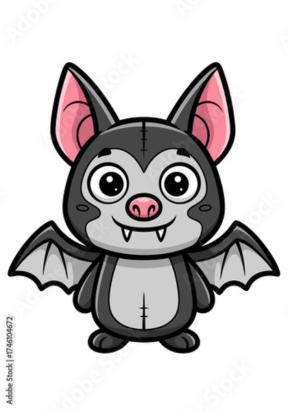 Fototapeta A charming cartoon bat vector illustration featuring gray fur and pink accents on its ears and wings. The bat is standing upright against a clean white background, perfect for children's books or