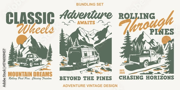 Fototapeta Bundling vintage hand-drawn illustration of a classic car in a natural landscape. Features trees, mountains, and open sky for a nostalgic travel vibe.