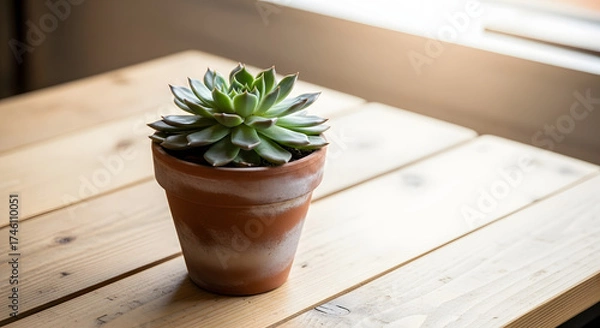 Obraz Succulent plant in a terracotta pot on a light wooden table near a bright window indoors