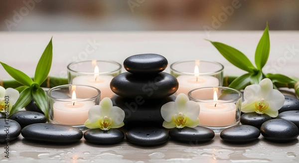 Obraz Arrangement of spa stones candles orchids and bamboo creating a serene and calming atmosphere