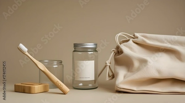 Obraz Sustainable Eco-Friendly Flat Lay with Reusable Bamboo and Glass Items