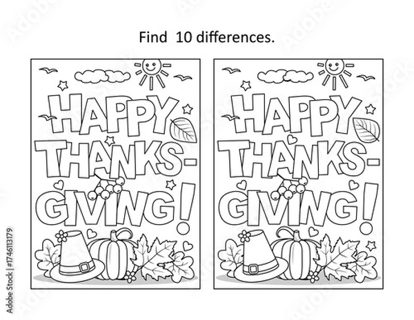 Fototapeta "Happy Thanksgiving!" greeting difference game and coloring page
