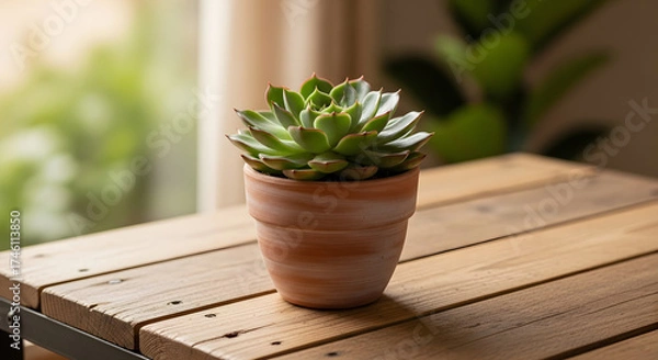 Obraz Close up of a green succulent plant in a terracotta pot on a wooden table near a bright window