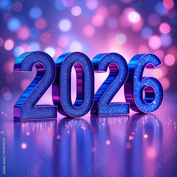 Fototapeta Sparkling Blue 2026 New Year Numbers on Reflective Surface with Glowing Lights and Bokeh Background Isolated on White P N G Download for Social Media Advertisement Banner