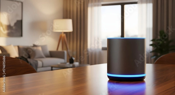 Obraz A smart speaker with blue light on a wooden table in a living room with a sofa and window