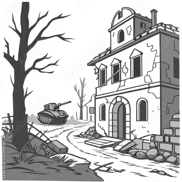 Fototapeta A lone military tank moves down a debris strewn road past a damaged building and bare trees