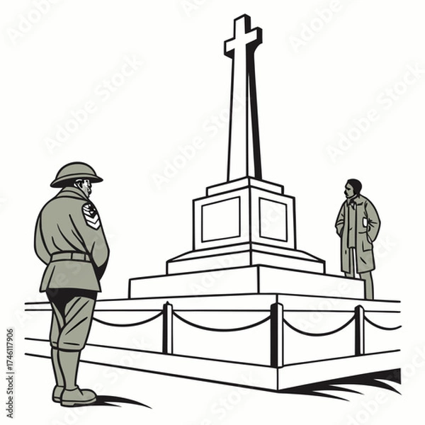 Fototapeta Solemn soldier stands guard before war memorial cross monument honoring fallen heroes