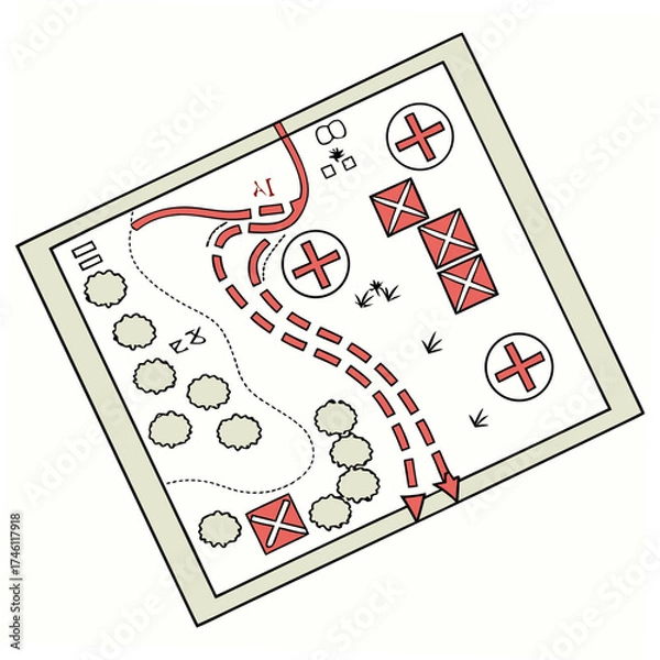 Fototapeta Strategic battle map depicting troop movement and objectives with red and white markers on a light beige background