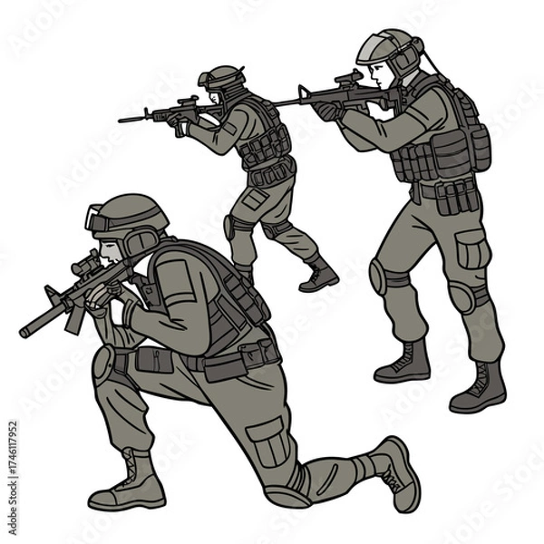 Fototapeta Three soldiers in tactical gear aiming their rifles in a coordinated defensive stance illustration