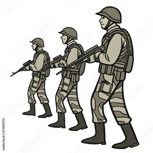 Fototapeta Three soldiers in camouflage uniforms and helmets marching forward with rifles in a stylized illustration