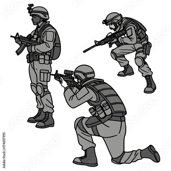 Fototapeta Three soldiers in tactical gear with rifles in action poses ready for combat operations