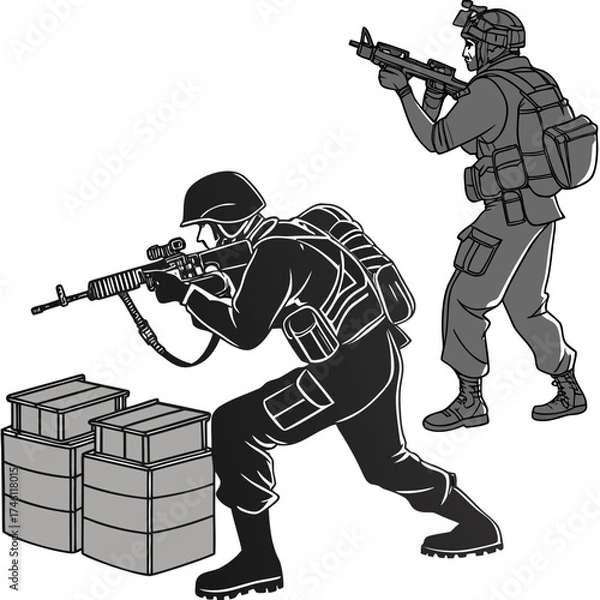 Fototapeta Two soldiers in tactical gear aiming their rifles while taking cover behind ammunition crates during a military operation