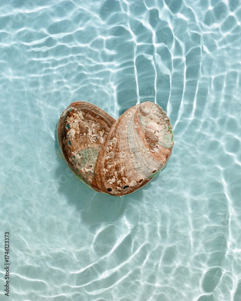 Fototapeta Vibrant abalone shell with iridescent colors with seawater waves at sunlight, gentle ripples and peaceful, oceanic scene. Shiny seashells heart shaped, concept life, relaxation, natural beauty