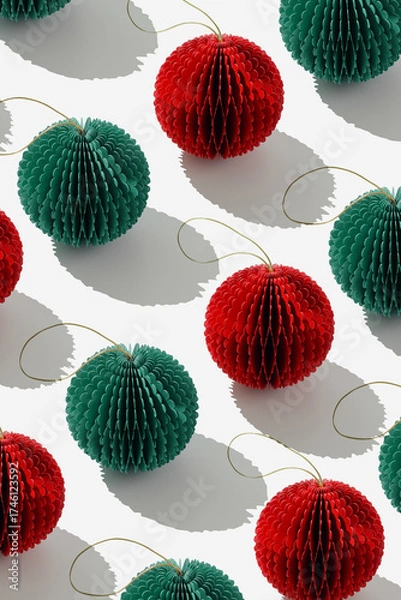 Fototapeta Paper Christmas Ornaments as round balls, hanging crafted eco-friendly diy New Year decorations. Minimal aesthetic holidays non seamless repeat pattern, top view of red and green baubles