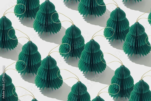 Fototapeta Minimal pattern of green paper Christmas ornaments shaped fie tree on white, style holidays design. Festive texture backdrop of paper Honeycomb baubles. Merry Christmas and Happy New Year concept.
