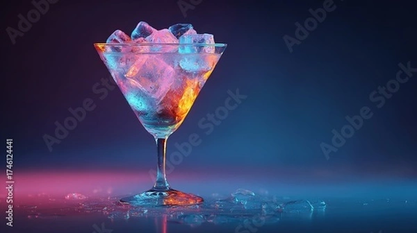 Obraz Martini Glass Filled with Ice Cubes in Neon Iridescent Pink and Blue Colors. Minimal Night Party Life Concept.