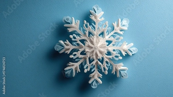 Obraz Minimal Snowflake on Bright Blue Background. Flat Lay Season Concept.