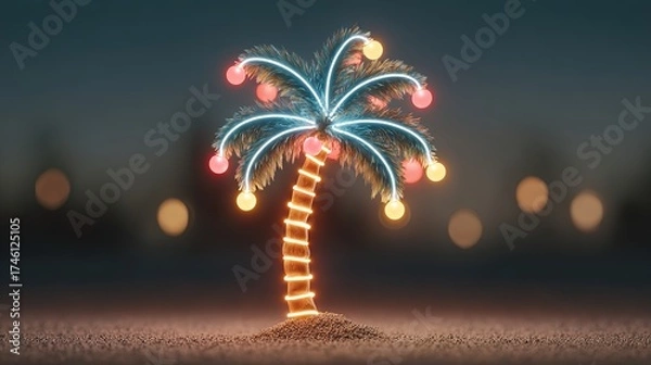 Obraz Neon Palm Tree with Christmas Lights. Minimal New Year Concept.