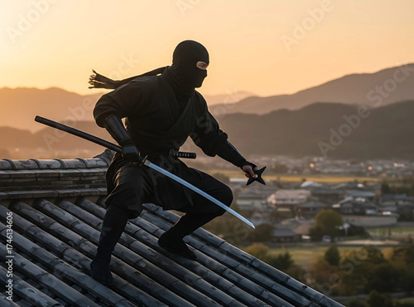 Obraz 日本の城下町を見下ろす黒装束の忍者