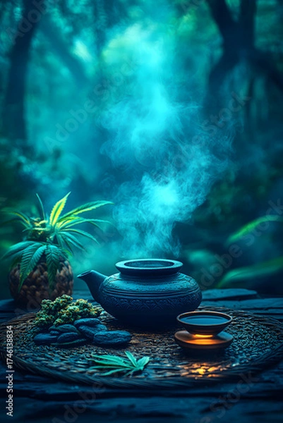 Obraz Steaming Teapot With Herbs in a Forest Setting