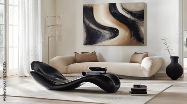 Obraz Modern living room featuring sculptural black decor pieces, soft beige textiles, and abstract wall art in warm neutral tones, creating a cozy yet sophisticated ambiance.