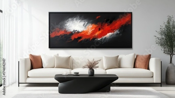 Obraz Sophisticated interior design showcasing sculptural black coffee table, cream sofas, and warm-toned abstract art on clean neutral walls.