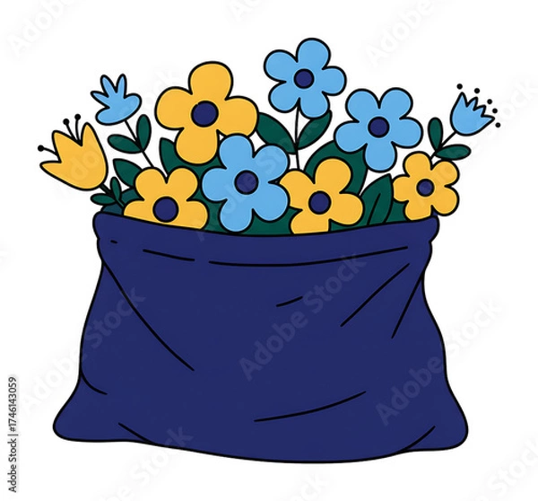 Obraz 青と黄色の花々が咲く、紺色の可愛らしい袋のイラスト。春の優しいイメージ、背景は黒