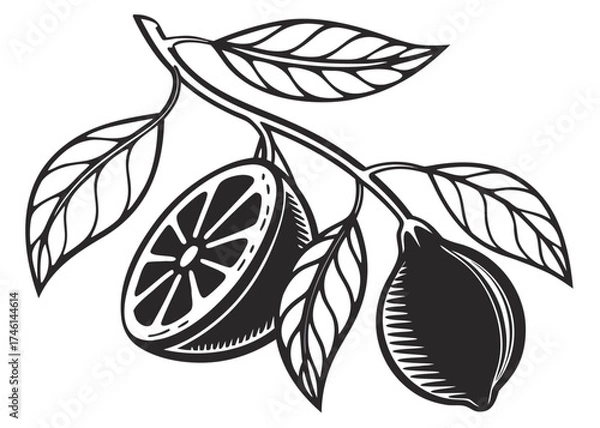 Fototapeta Stylized black and white lemon branch with fruit and leaves