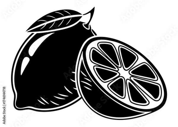Fototapeta Stylized black and white illustration of a lemon and a lemon slice
